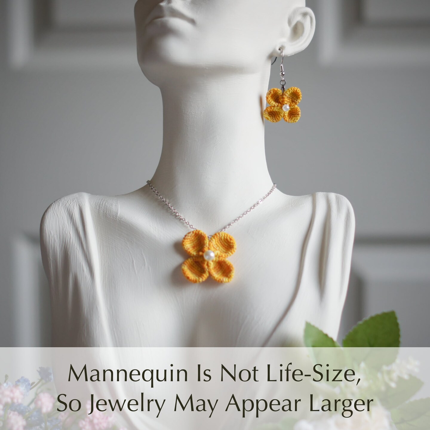 Yellow Crochet Flower Necklace and Earrings with Stainless Steel