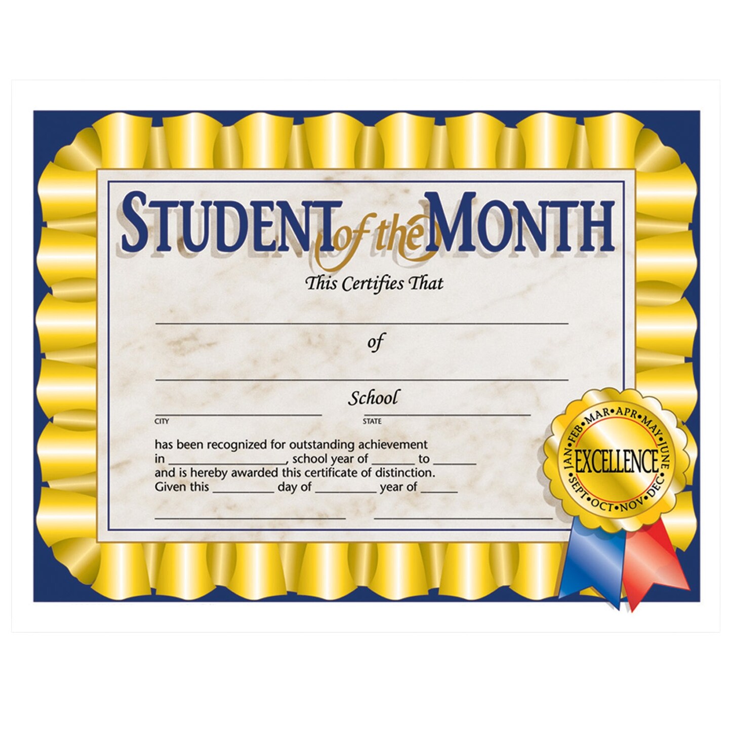 Student of the Month Certificate, 8.5&#x22; x 11&#x22;, Pack of 30