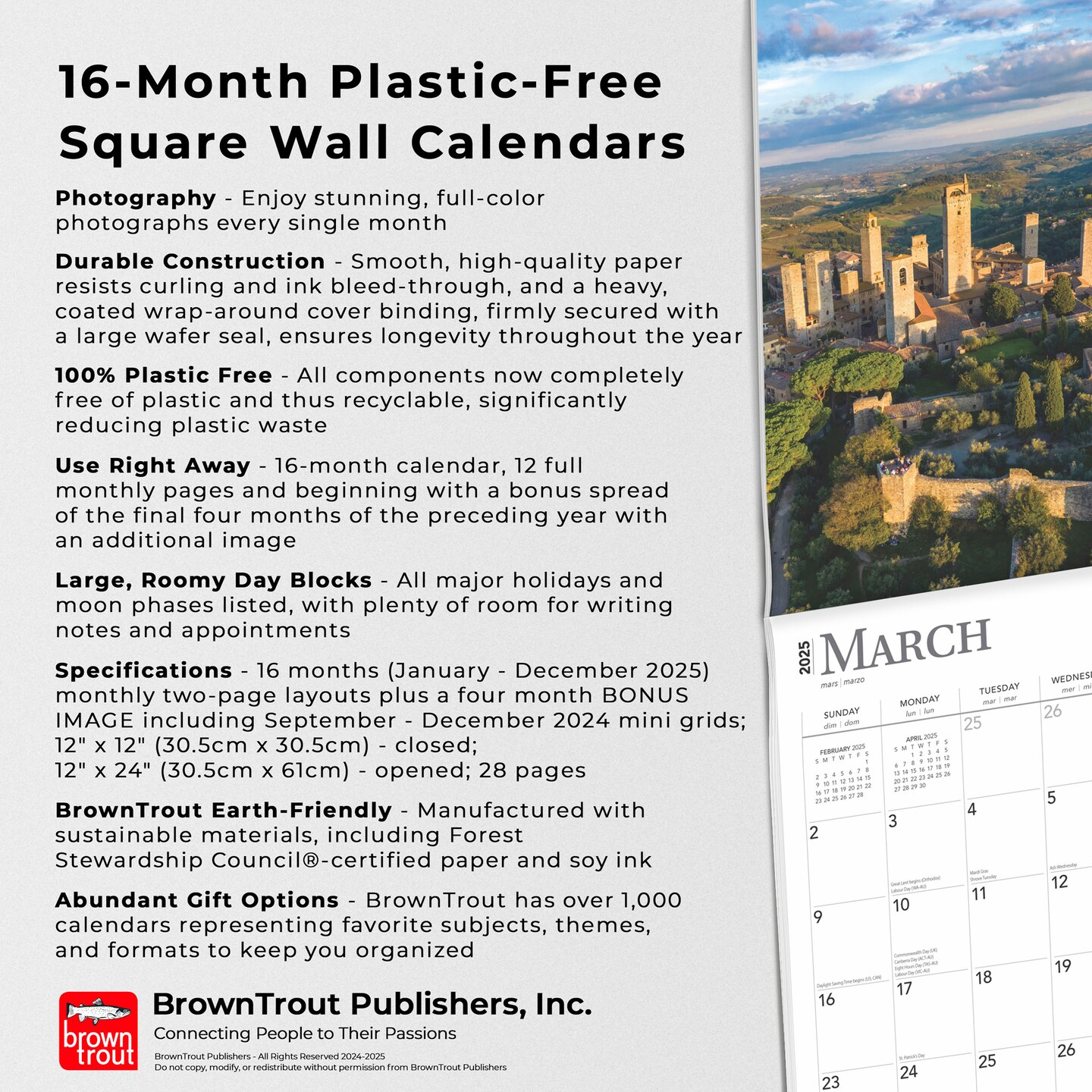 Tuscany | 2025 12 x 24 Inch Monthly Square Wall Calendar | Plastic-Free | BrownTrout | Travel Europe Italy Florence
