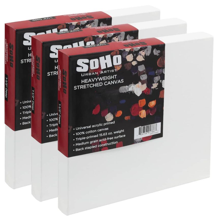 SoHo Urban Artist, 8x8&#x22;&#x22; Heavyweight Stretched Cotton Canvas for Painting - 1.5&#x22; Deep- 3 Pack, Triple Primed, 100% Cotton, Acid-Free, Archival, Universal Primed for Oil, Acrylic, Alkyd, Mixed Media