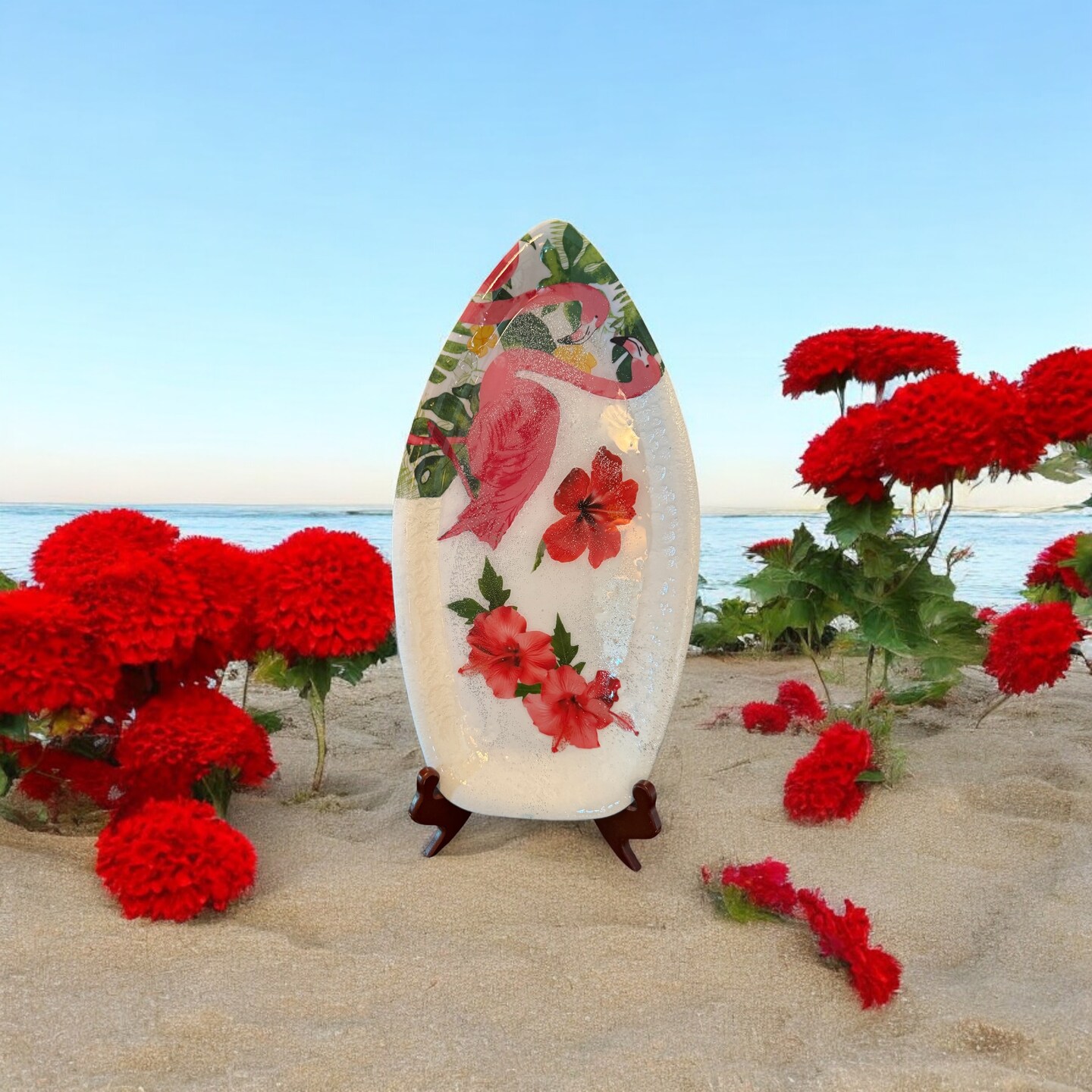 product name is Resin Surfboard featuring flamingos (item 259)