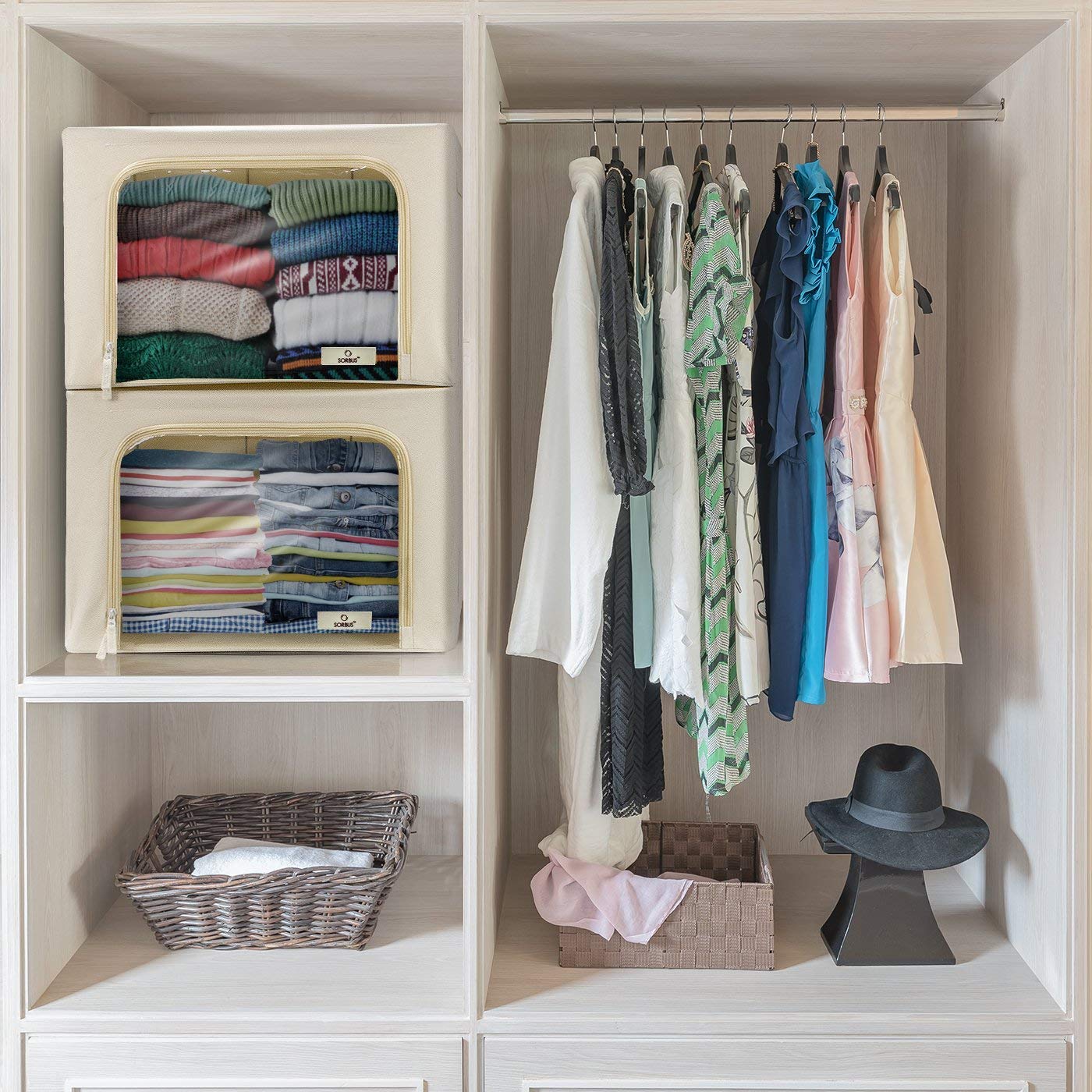 Sorbus Large Storage Bins, 4 Pack Stackable & Foldable Clothes Organizer Bags with Metal Frame, Window, & Handles