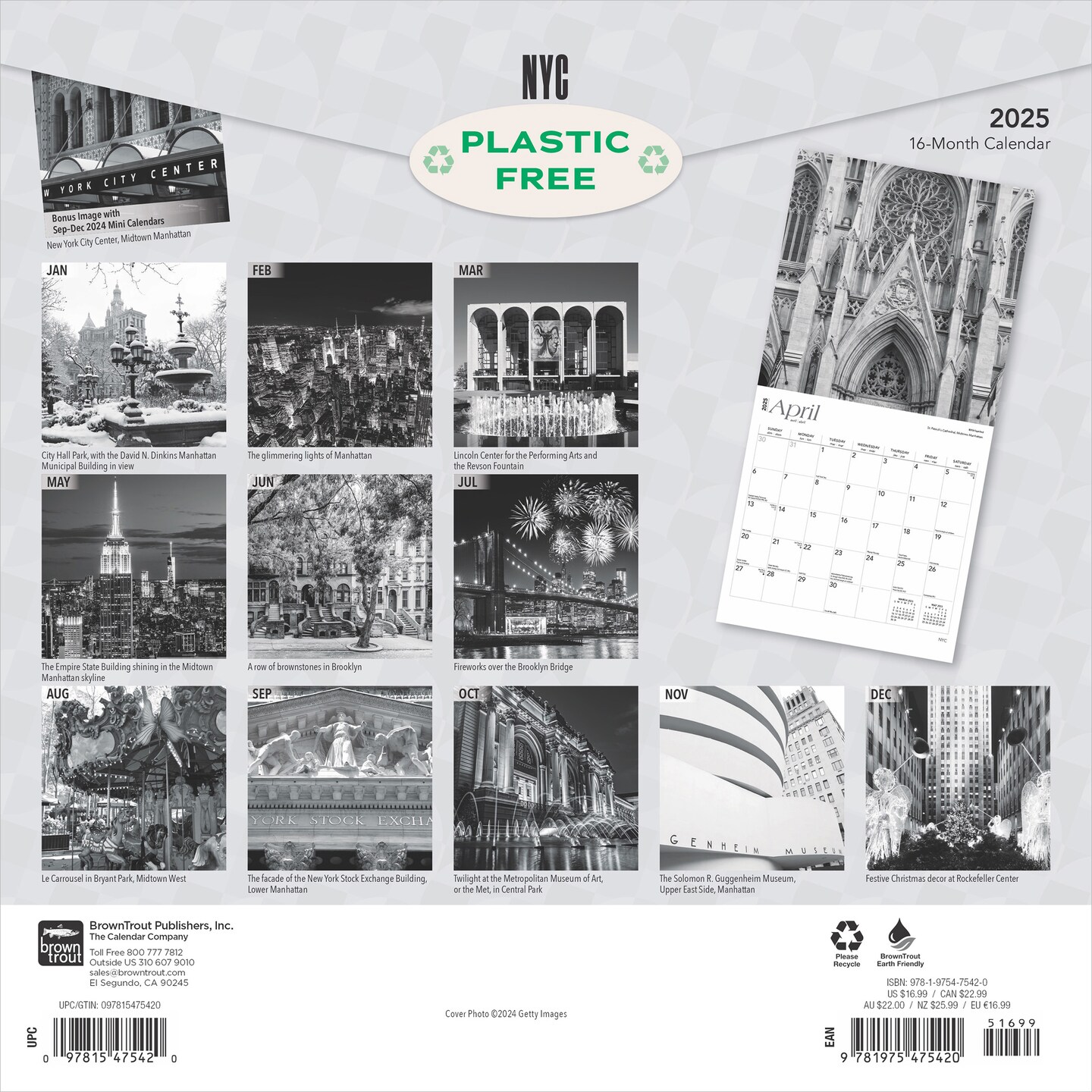 New York City Black &#x26; White | 2025 12 x 24 Inch Monthly Square Wall Calendar | Plastic-Free | BrownTrout | USA United States of America NYC State Northeast Atlantic