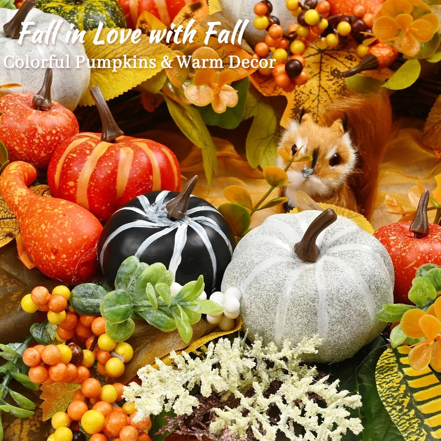 Fall Wreath - 21&#x22; Fall Wreaths for Front Door Outside, Lighted Colorful Pumpkin Silk Leaves, Realistic Autumn Wreath for Home Porch Front Door Thanksgiving Outdoor and Indoor Fall Decor