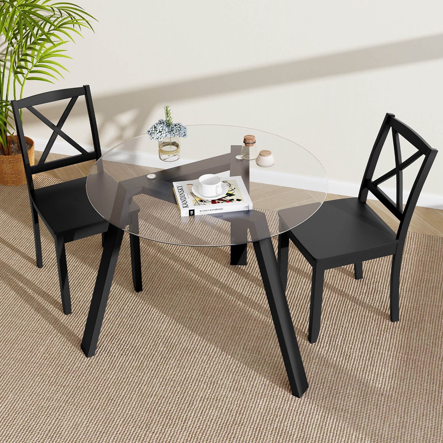 Costway 36&#x22; Round Glass Dining Table for 4 with Tempered Glass Tabletop Rubber Wood Frame Natural/Black