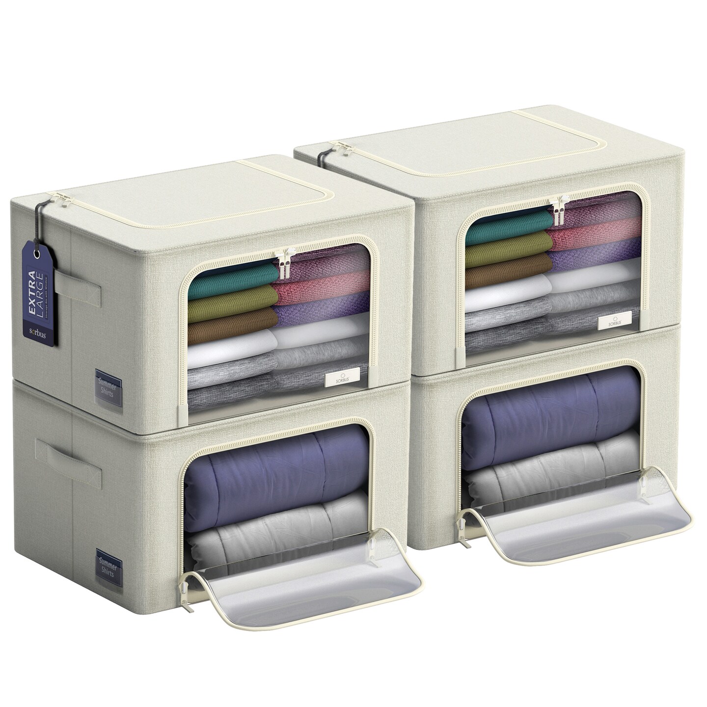 Sorbus 4 Pack Jumbo Storage Bins, Stackable & Foldable Clothes Organizer Bags with Metal Frame, Window, & Handles