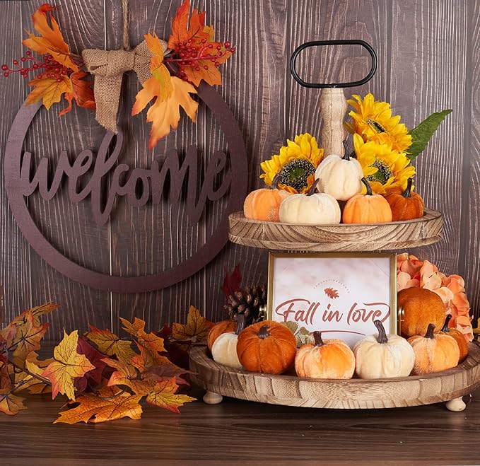 Pumpkin Decor 12 Pieces Artificial Fake Faux Velvet Foam Fabric Pumpkins Decoration for Fall Home Farmhouse Harvest Thanksgiving Decorative