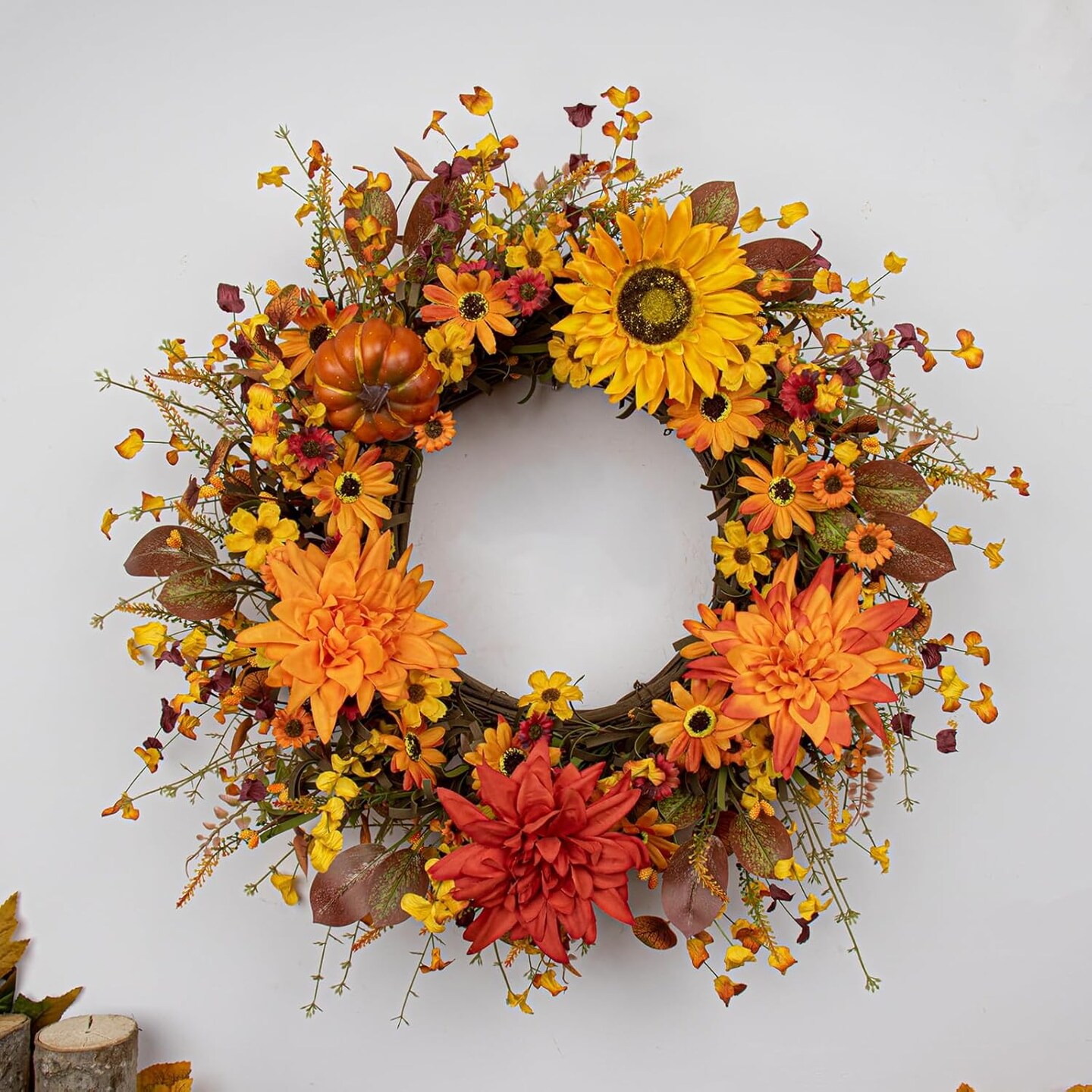 Fall Wreaths for Front Door 22-inch Artificial Fall Wreath Autumn Flower Wreath with Sunflower Daisy Dahlia Pumpkin for Indoor Outdoor Window Wall Porch Harvest and Thanksgiving Celebration