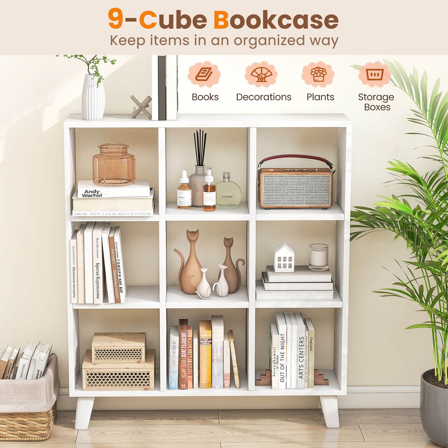 Costway 2 PCS 9-Cube Bookcase with 6 Removable Shelves Raised Support Feet for Living Room Brown/White