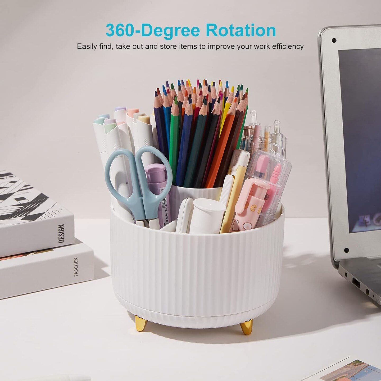 Desk Pencil Pen Holder, 5 Slots 360 Degree Rotating Desk Pen Organizer for Desk Desktop Storage Stationery Supplies White Cup Pot for Office, School, or Home Art Supplies