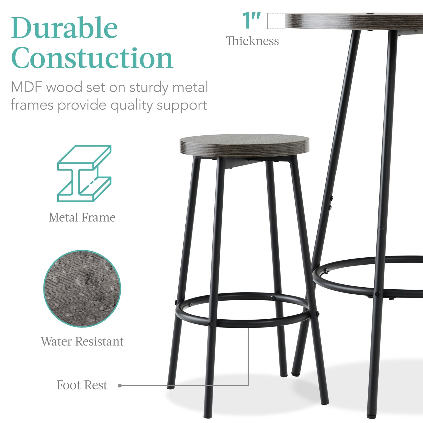 Best Choice Products 3-Piece Bistro Set, Modern Round Counter Height Dining Set w/ 2 Stools, Metal Frame