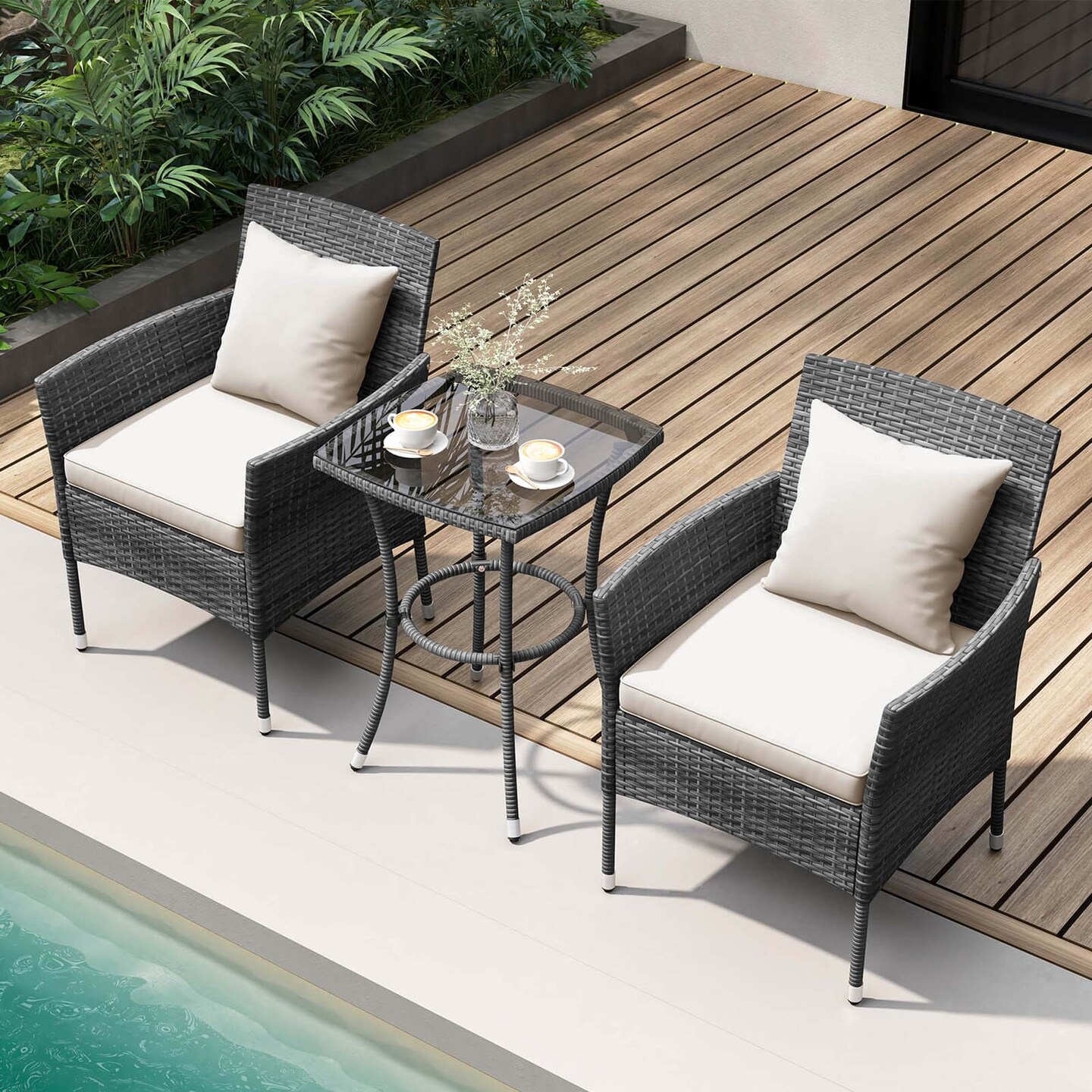 Costway 3 PCS Patio Furniture Set with Cushioned Patio Chairs & Tempered Glass Coffee Table Grey/Navy/White/Black