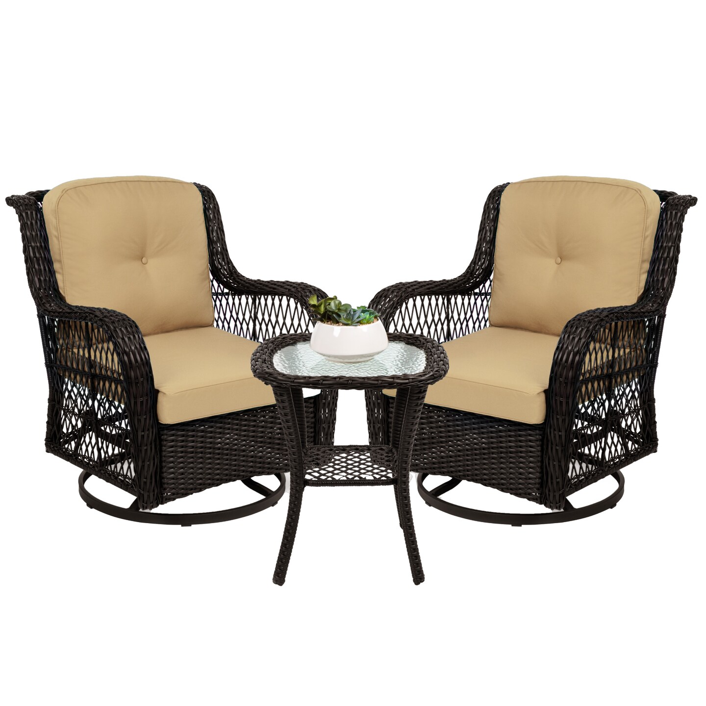 Best Choice Products 3-Piece Patio Wicker Bistro Furniture Set w/ 2 Cushioned Swivel Rocking Chairs, Side Table