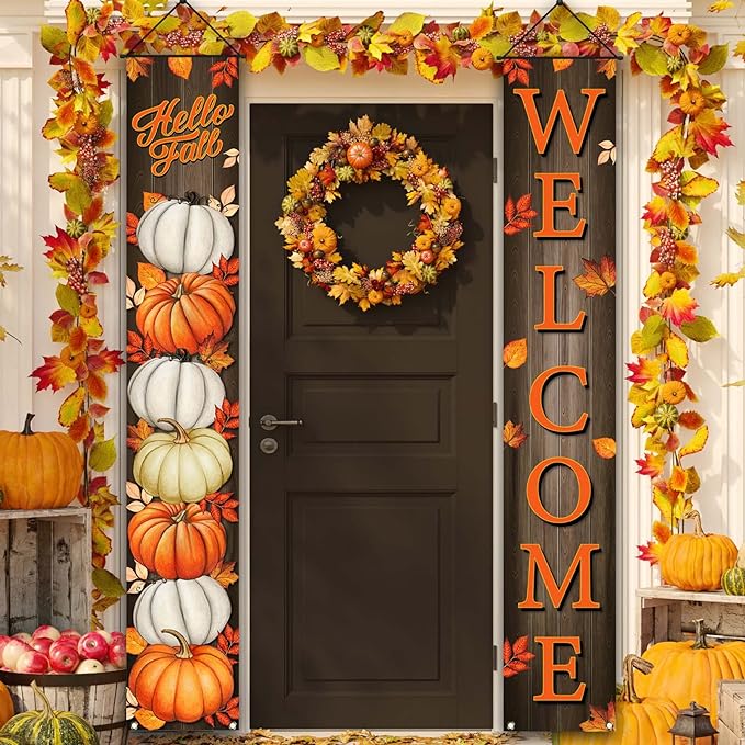 Fall Decorations: Pumpkin, Maple Leaves, and Leaf Door. Porch Banner Fall Banner Autumn Thanksgiving Decorations Board Wall Hanging Farmhouse Supplies. Pumpkin Porch Decorations for the Home Office Holiday