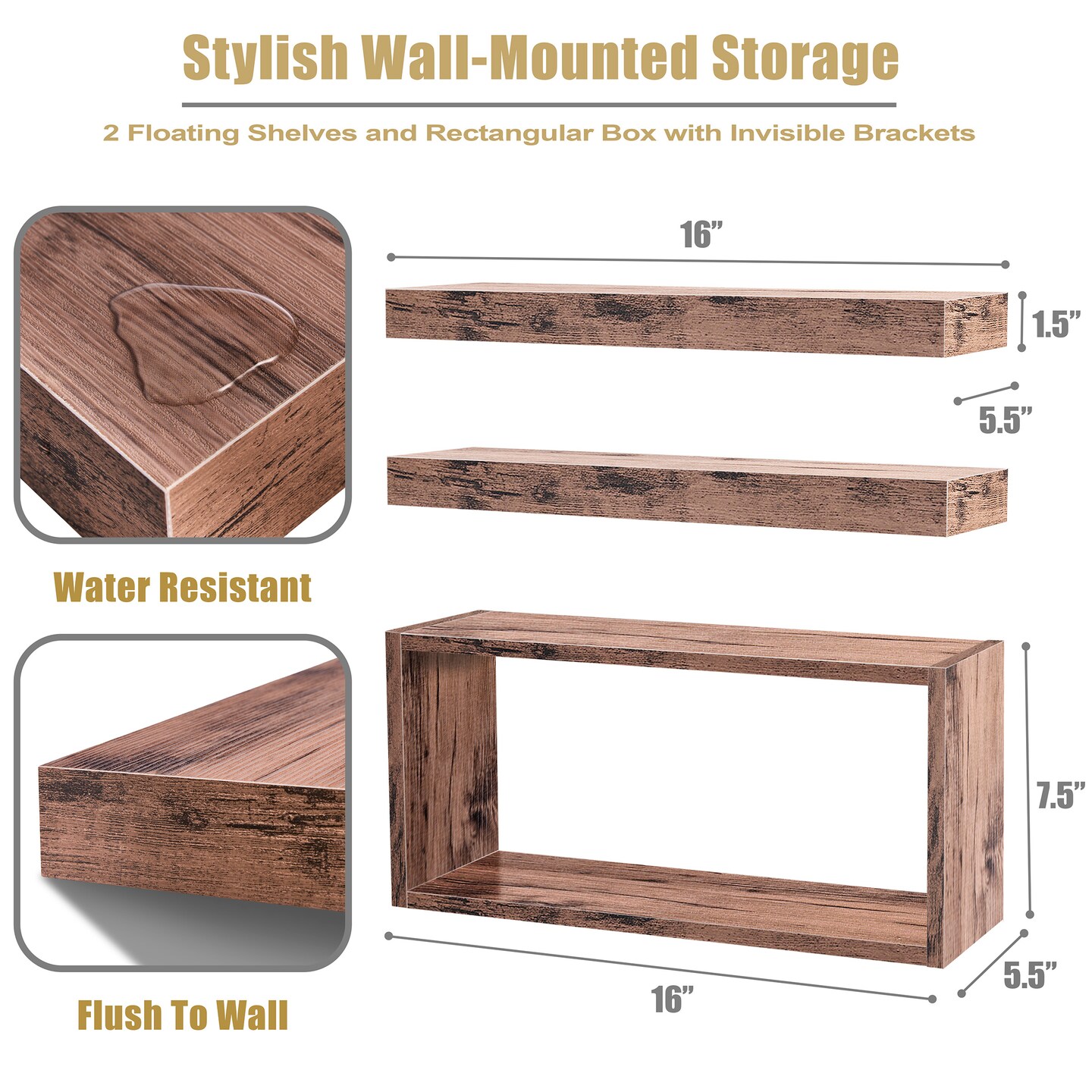 Sorbus Floating Shelves for Wall Set of 3 - Bathroom Shelves for Wall Storage, Over Toilet, Bedroom, Farmhouse, Wall Decor - 2 Floating Shelves with Invisible Brackets & 1 Rectangular Box