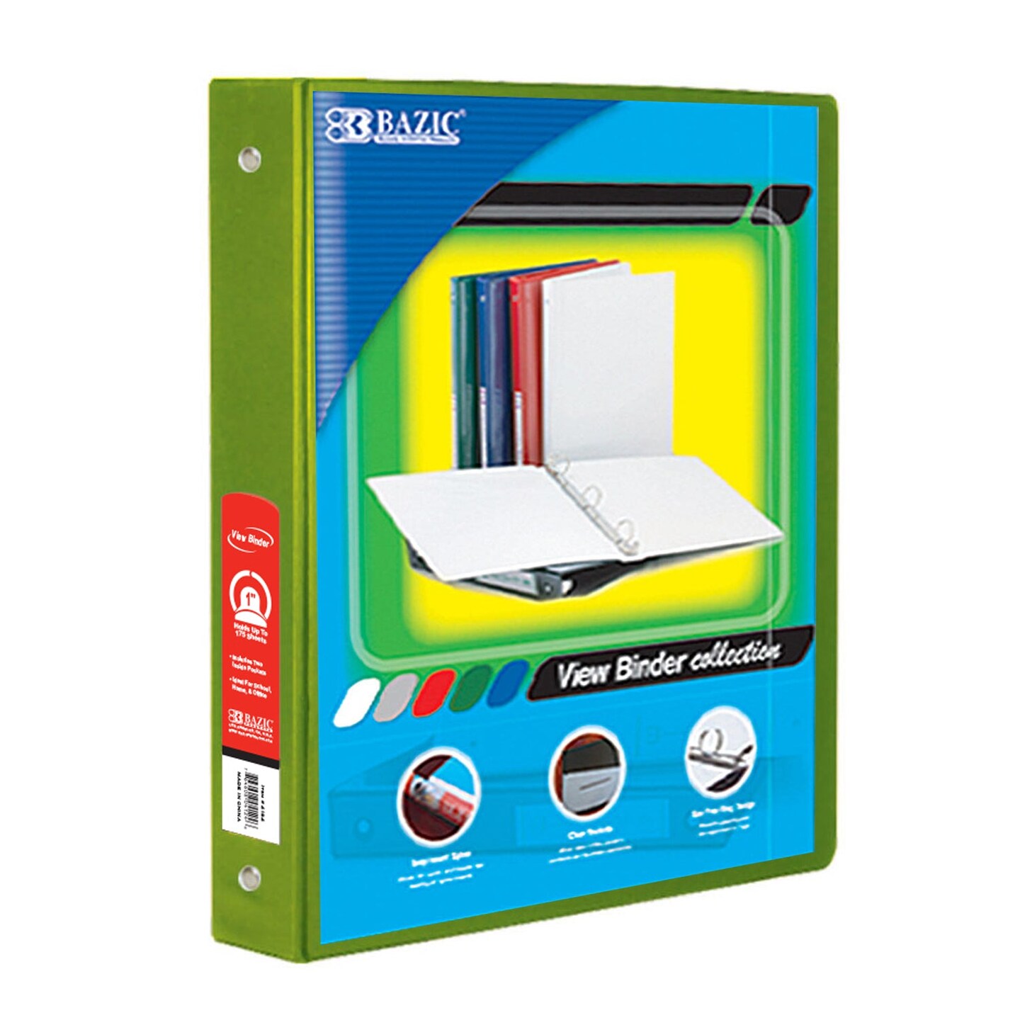 3-Ring View Binder with 2 Pockets, 1&#x22;, Lime Green