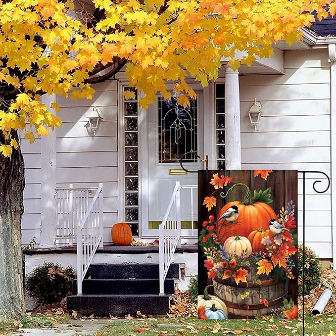 Garden Flags 12x18 Double Sided for Outdoors, Halloween Pumpkin Yard Flags Garden Decor,Fall Watercolor Bird Small Garden Flag,Yard Decorations for Home Exterior