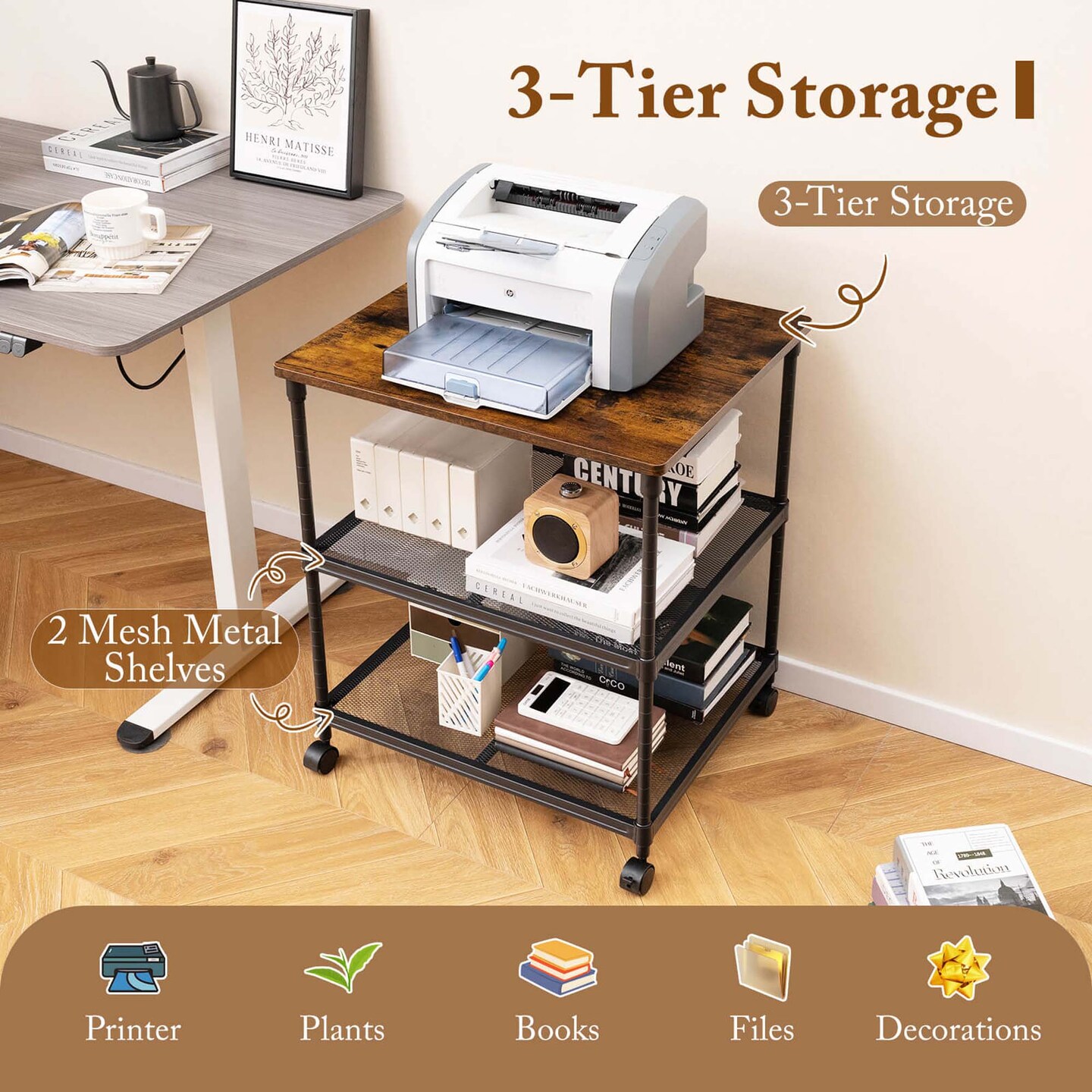 Costway 3-Tier Printer Stand Rolling Fax Cart with Adjustable Shelf &#x26; Swivel Wheel Brown/Black