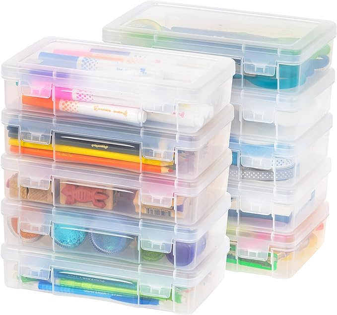 USA Plastic Bead Craft Hobby Art School Supply Pencil Box Storage Organizer Container with Latching Lid, 10-Pack, for Pens and Ribbons Wahi Tape Sticker Yarn Ornaments Stackable, Clear, Medium