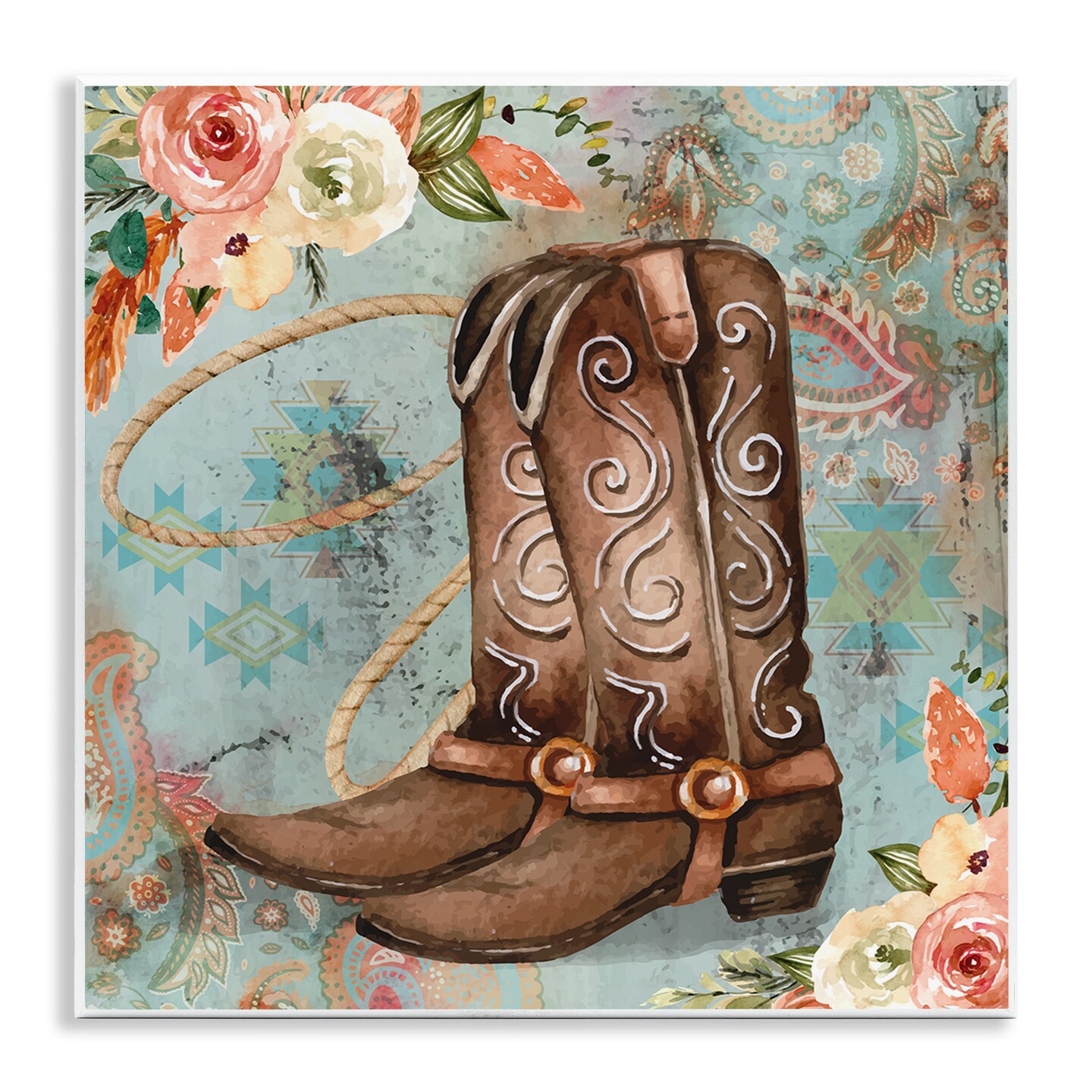 Stupell Industries Cowboy Boots Western Paisley Florals Wall Plaque Art