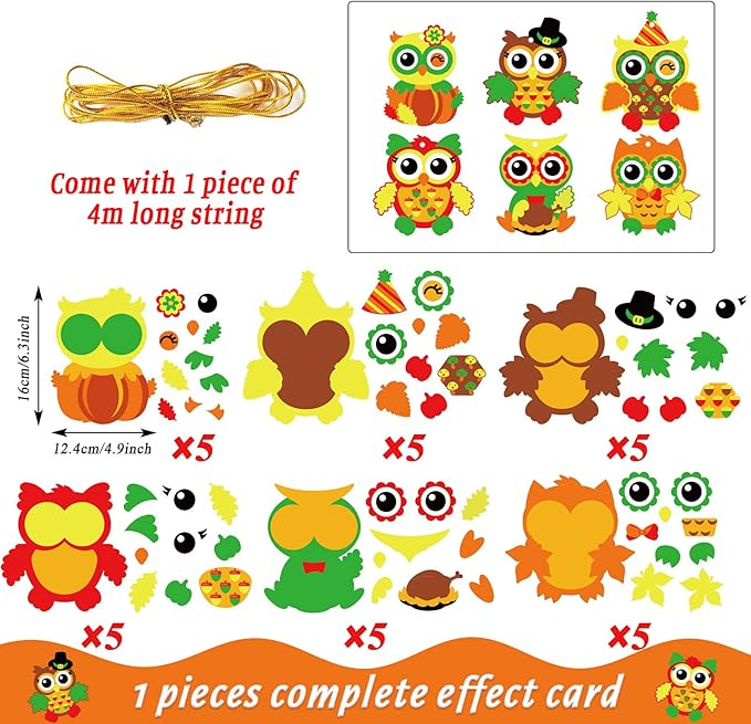 30 Packs Fall Thanksgiving Crafts for Kids Thanksgiving Owl DIY Artwork with Fall Autumn Leaves Pumpkins Stickers Create Your Own Owl Set for Kindergarten Home Class Game Activities.