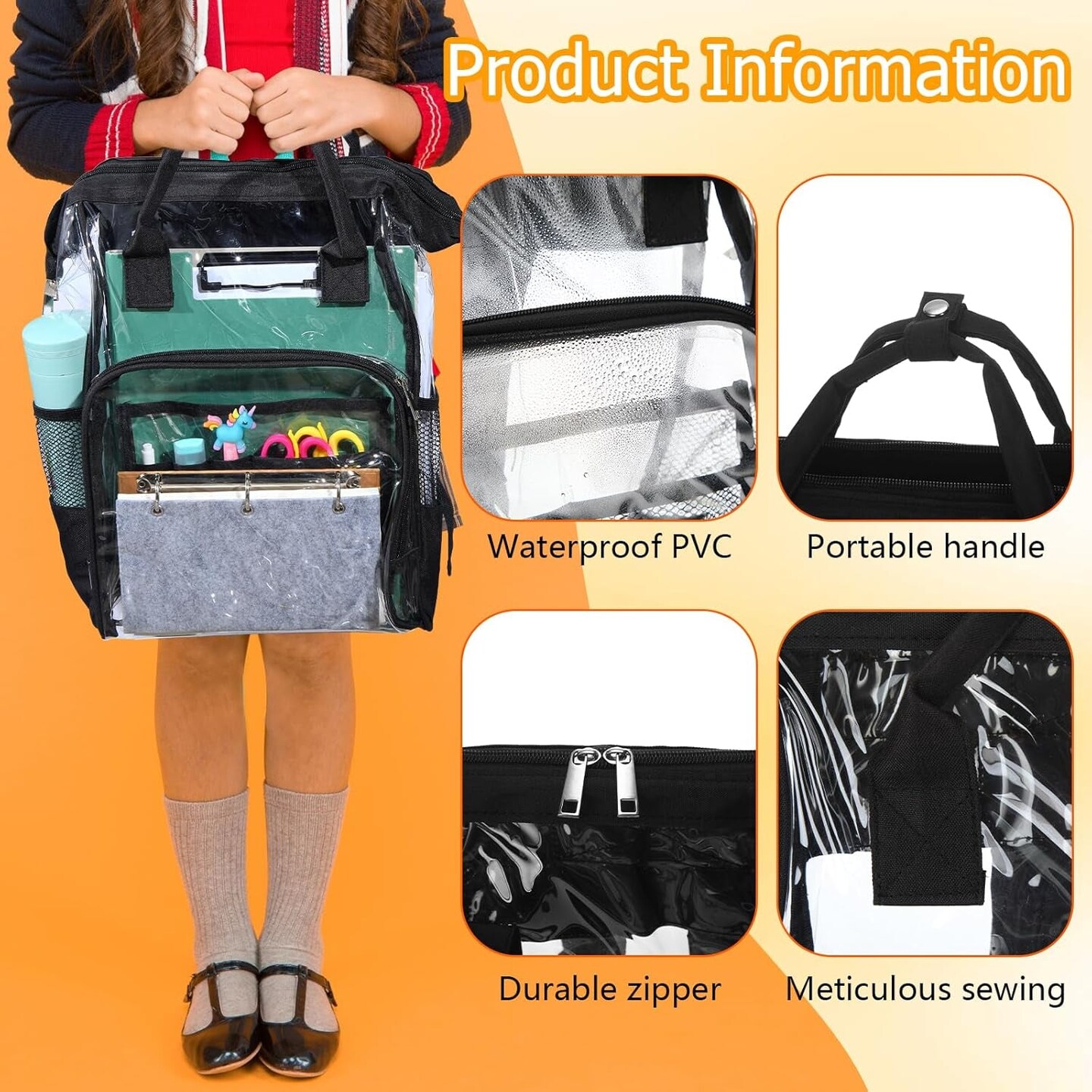 12 Pcs Heavy Duty Clear Backpack 15&#x22; Clear Stadium Backpack Stadium Approved Large Transparent Backpacks for School Donation, Stadium Events Supplies(Black)