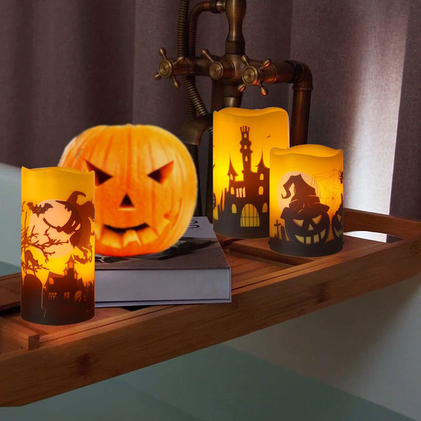 3  Pieces Halloween Flameless Candles with Remote Timer Real Wax Realistic Flickering Battery Operated LED Pillars with Decals Pumpkin Castle Bat Spider Witch for Halloween Party Decorations