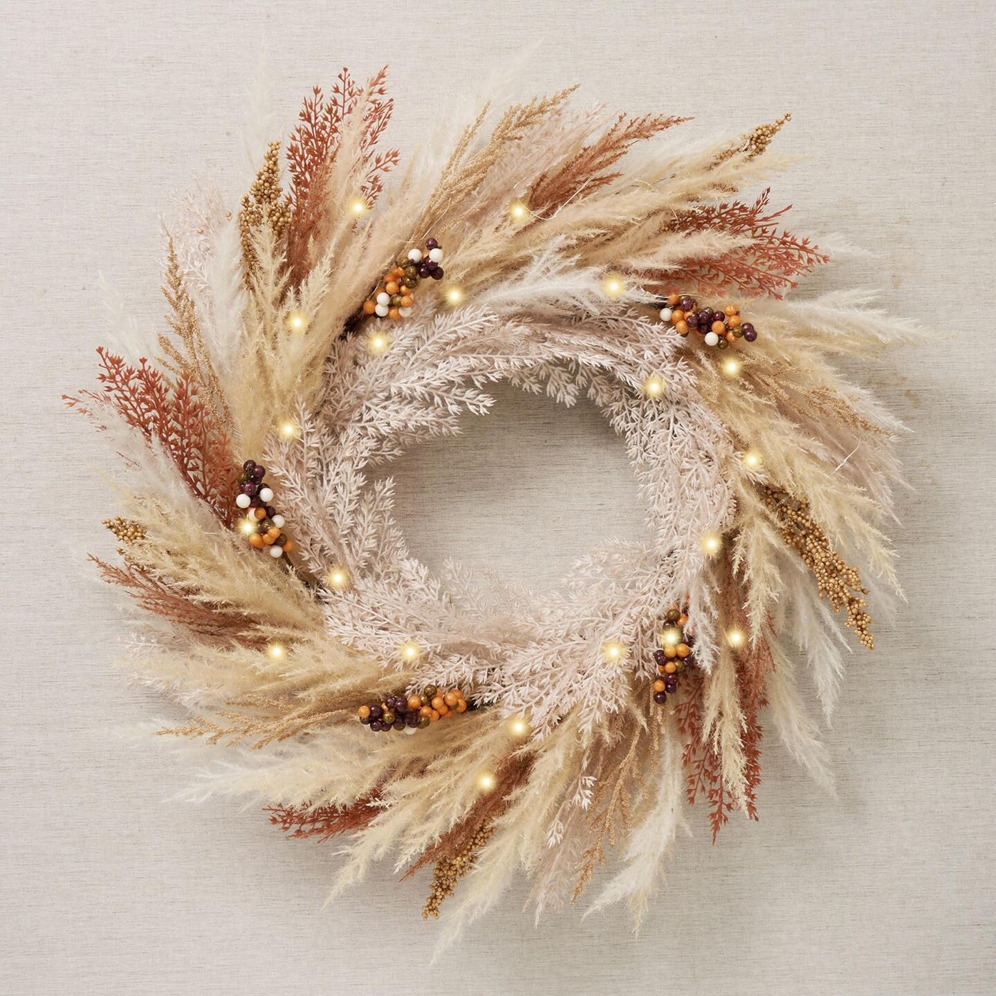 Pampas Grass Wreath Outdoor Indoor 24X26 Ready-To-Ship Fall Winter Eucalyptus Pine Cones Wheat Berries One-Of-A-Kind Door Wall Gift good Yr Round