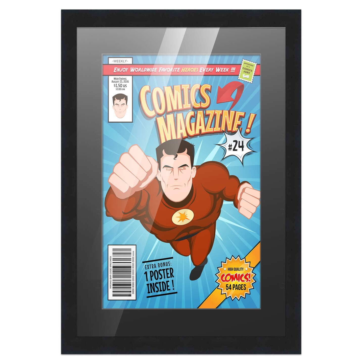 Comic Book Display Frame for Bronze Age Comics Published Between 1970 and 1985 - Black Wood Comic Frame With Black Mat for 7.25x10.5 Comic, 18 Frame Sizes