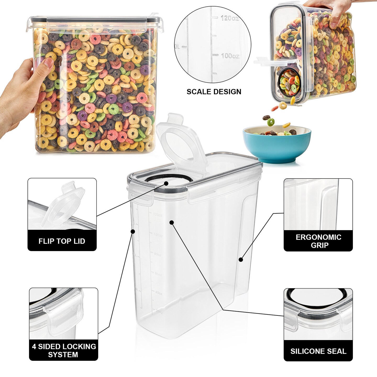 Sorbus 2 Pack Airtight Cereal Dispenser Container Set with Lids - Easy Pour, Stackable, Store Dry Food, Rice, Pasta, and More