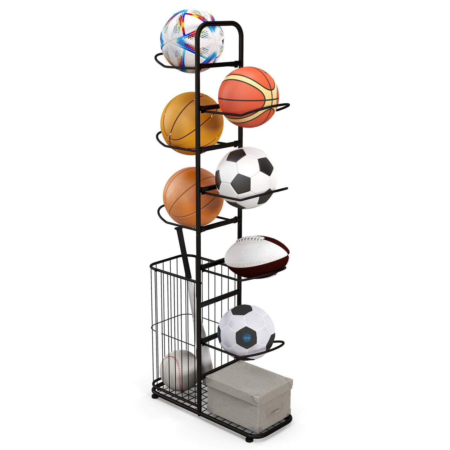 Costway 7-Tier Ball Storage Rack with 7 Removable Hanging Rods &#x26; Side Ball Basket Black
