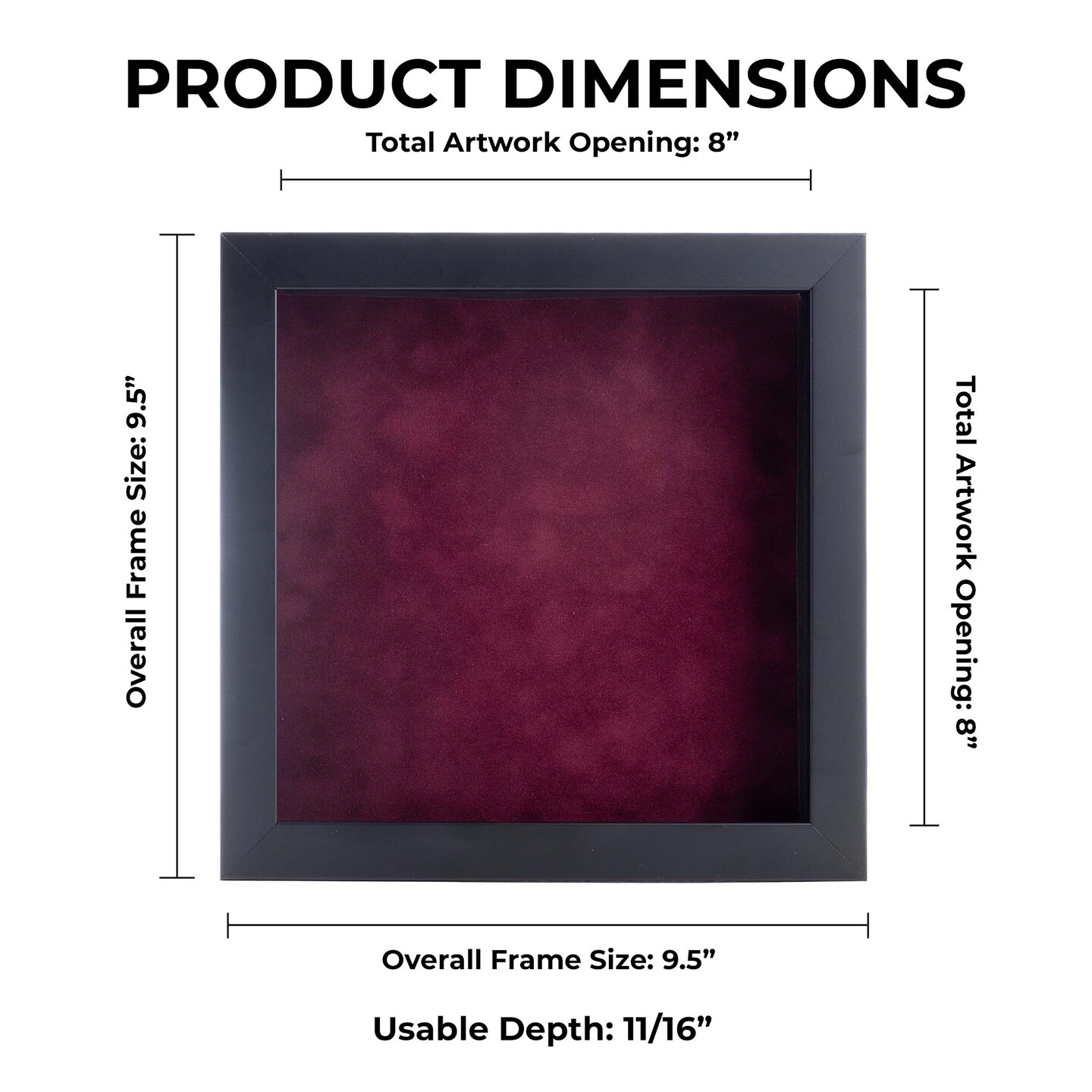 Classic Black Wood Shadown Box Frame with Acrylic Front - Dark Red Suede Backing, 30 Sizes