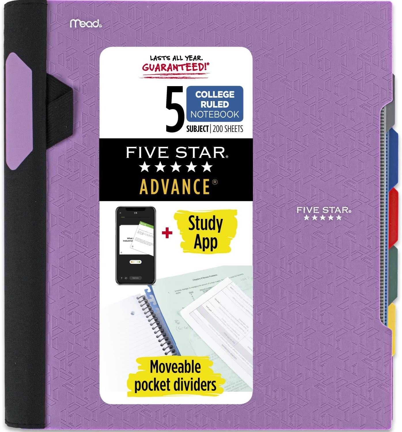 Spiral Notebook + Study App, 5 Subject, College Ruled Paper, Advance Notebook with Spiral Guard, Movable Tabbed Dividers and Expanding Pockets, 8-1/2 Spiral Notebook + Study App, 5 Subject, College Ruled Paper, Advance Notebook with Spiral Guard, Movable Tabbed Dividers and Expanding Pockets, 8-1/2
