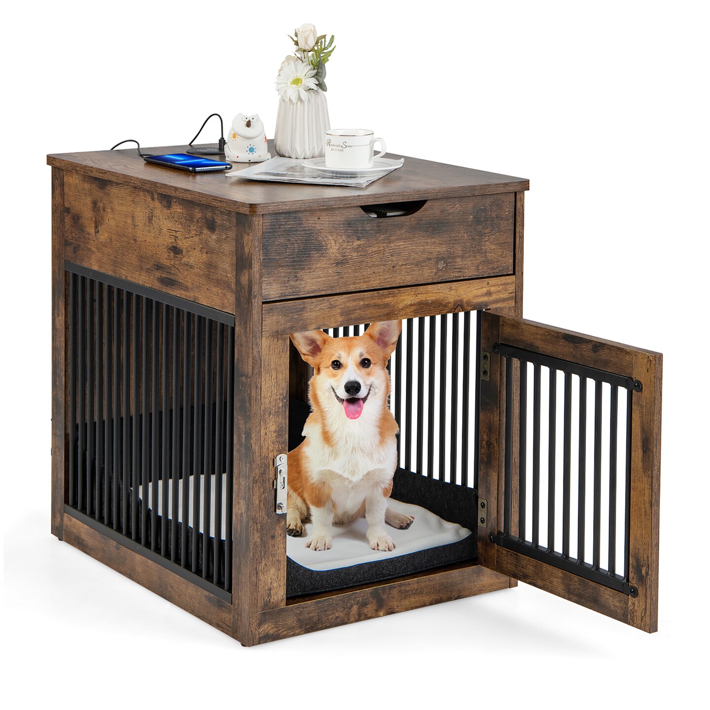 Costway 2-In-1 Furniture Dog Crate with Drawer Wired & Wireless Charging Side End Table Black/White/Rustic Brown