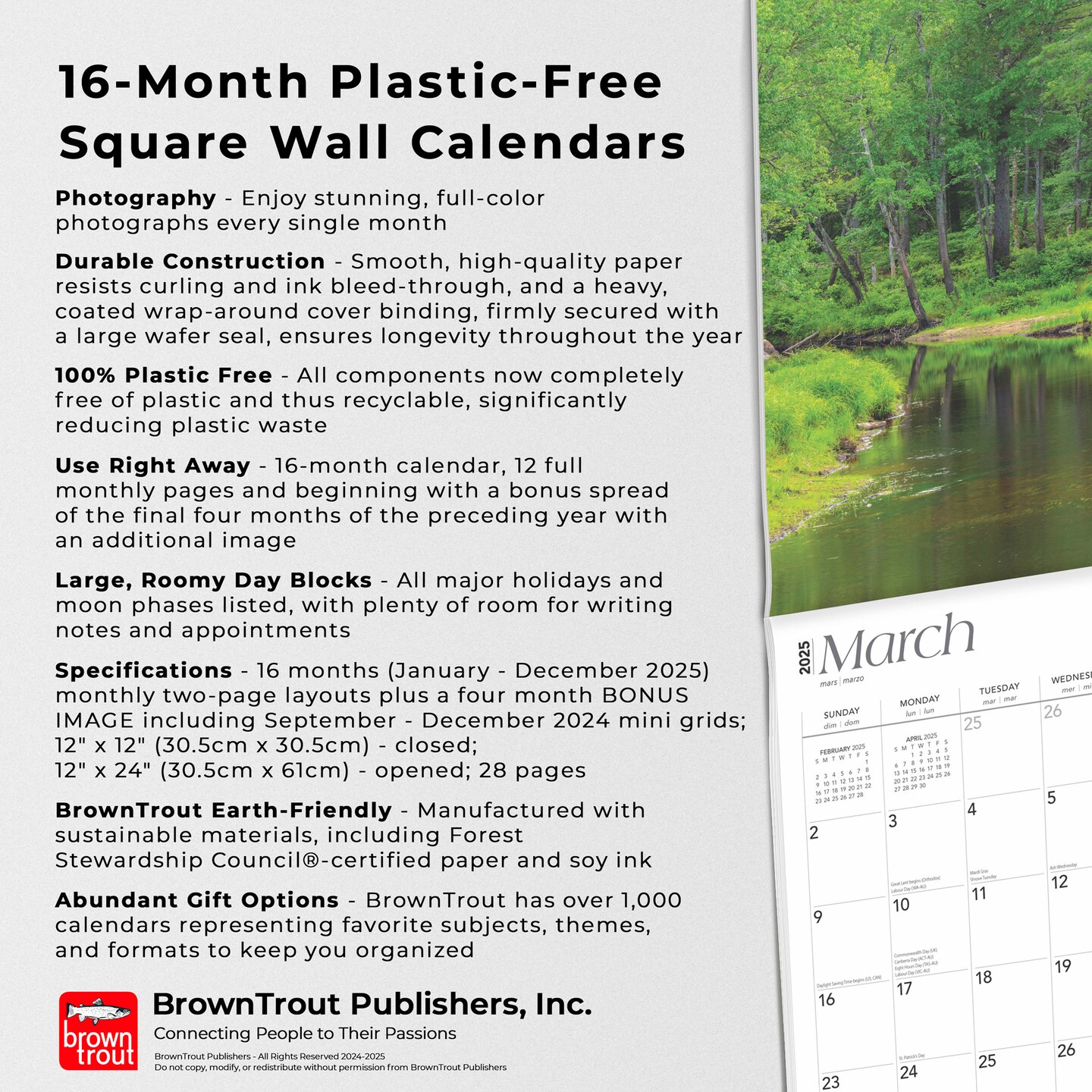 Massachusetts Wild &#x26; Scenic | 2025 12 x 24 Inch Monthly Square Wall Calendar | Plastic-Free | BrownTrout | USA United States of America Northeast State Nature
