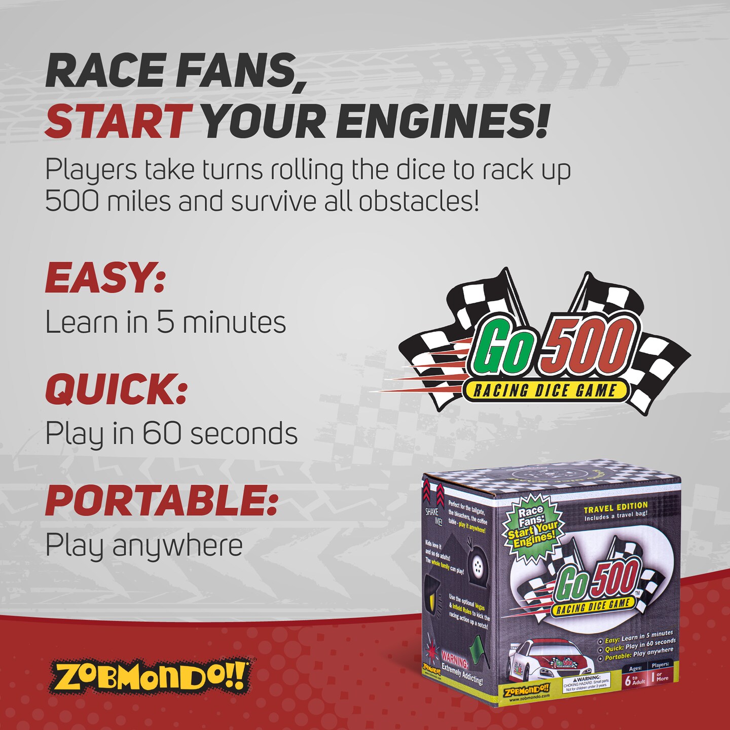 Zobmondo!! Go500 Car Racing Dice Game, Racing Games for Adults and Family, Table Game for Sports Fans Ages 6+