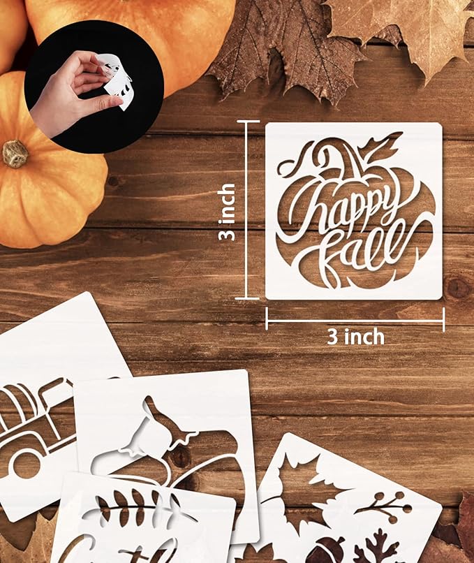 24pcs fall stencils 3x3 in reusable, small fall stencil for painting on wood- autumn templates for Thanksgiving DIY crafts ornaments wood slice