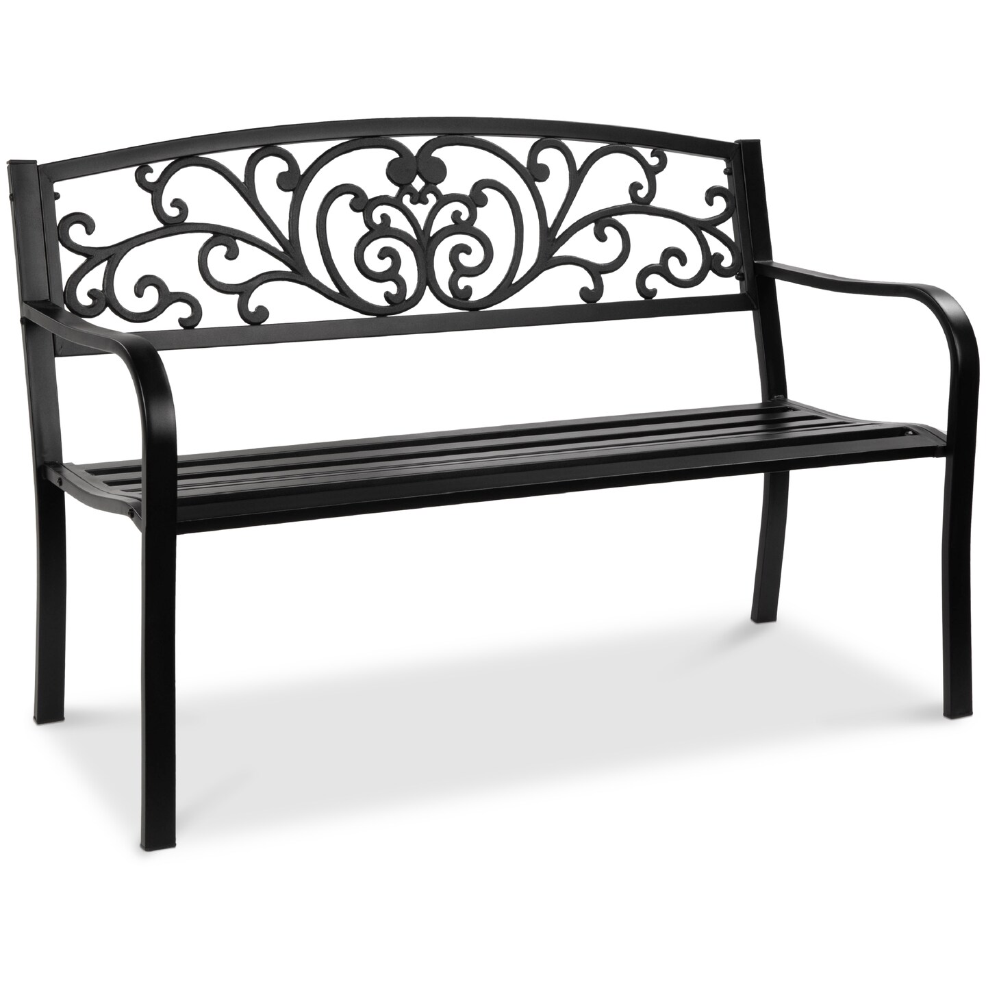 Best Choice Products Outdoor Steel Bench Garden Patio Porch Furniture w/ Floral Design Backrest, Slatted Seat