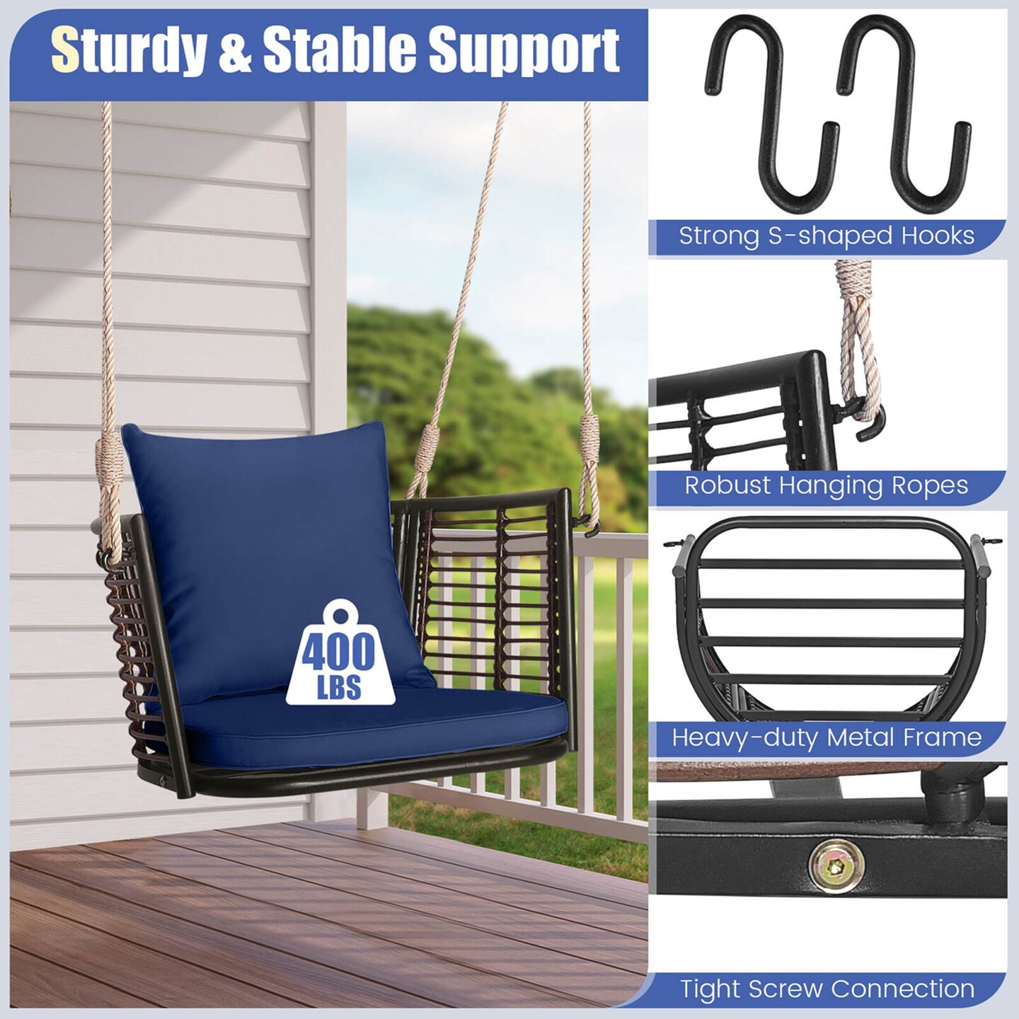 Costway Patio Hanging Rattan Basket Chair Swing Hammock Chair with Seat Cushion Navy/Grey/Beige