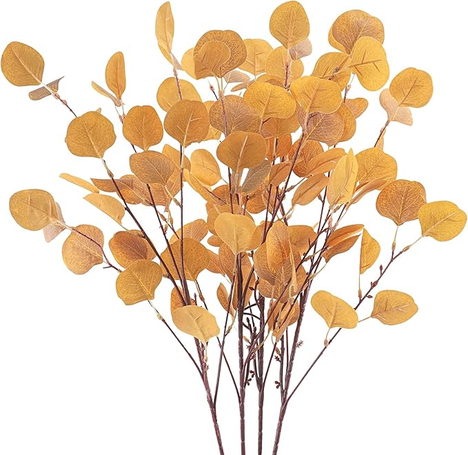 4 Pieces Artificial Eucalyptus Leaves Stems 33.8&#x22; Eucalyptus Branches Orange Fake Fall Flowers Decoration Eucalyptus Plant for Home Fireplace Farmhouse Party Wedding Table Bathroom Autumn Decorations
