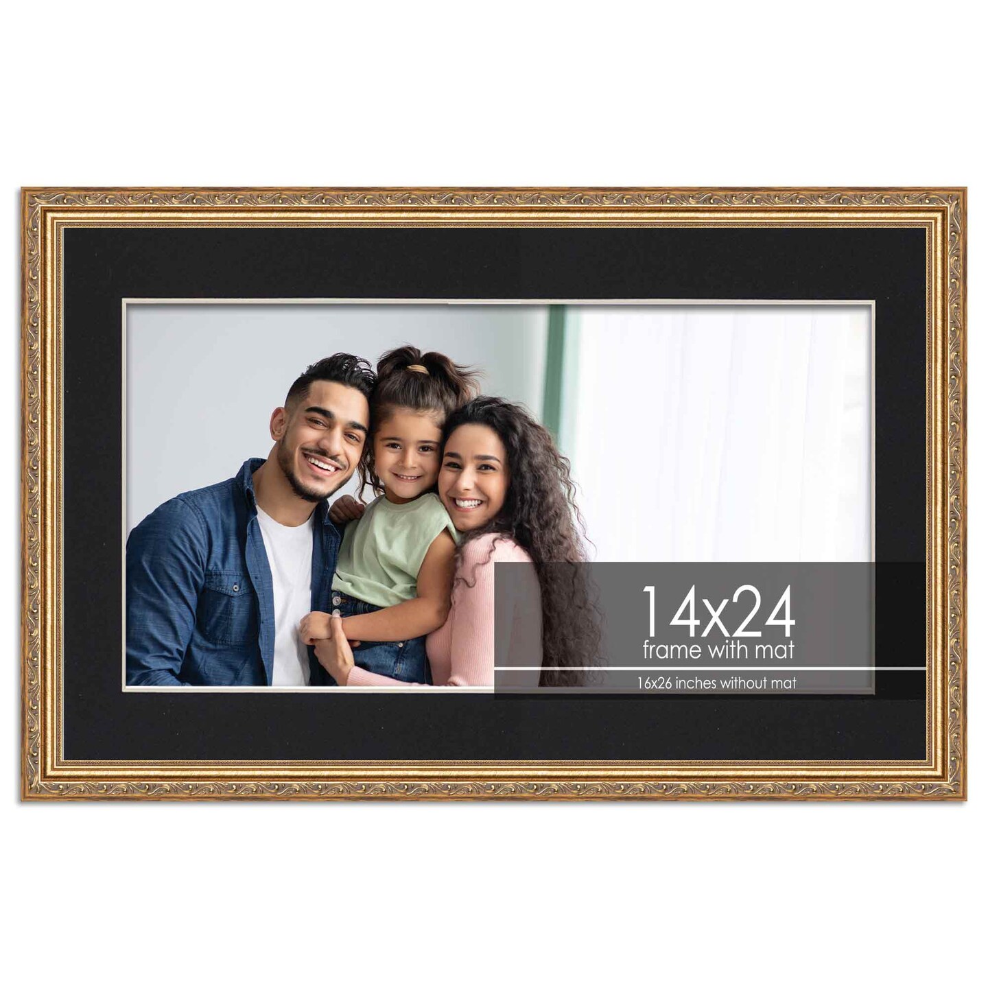 Antique Gold Frame with Black Photo Mat, UV Acrylic Front, Foam Board Backing, 60 Sizes Available