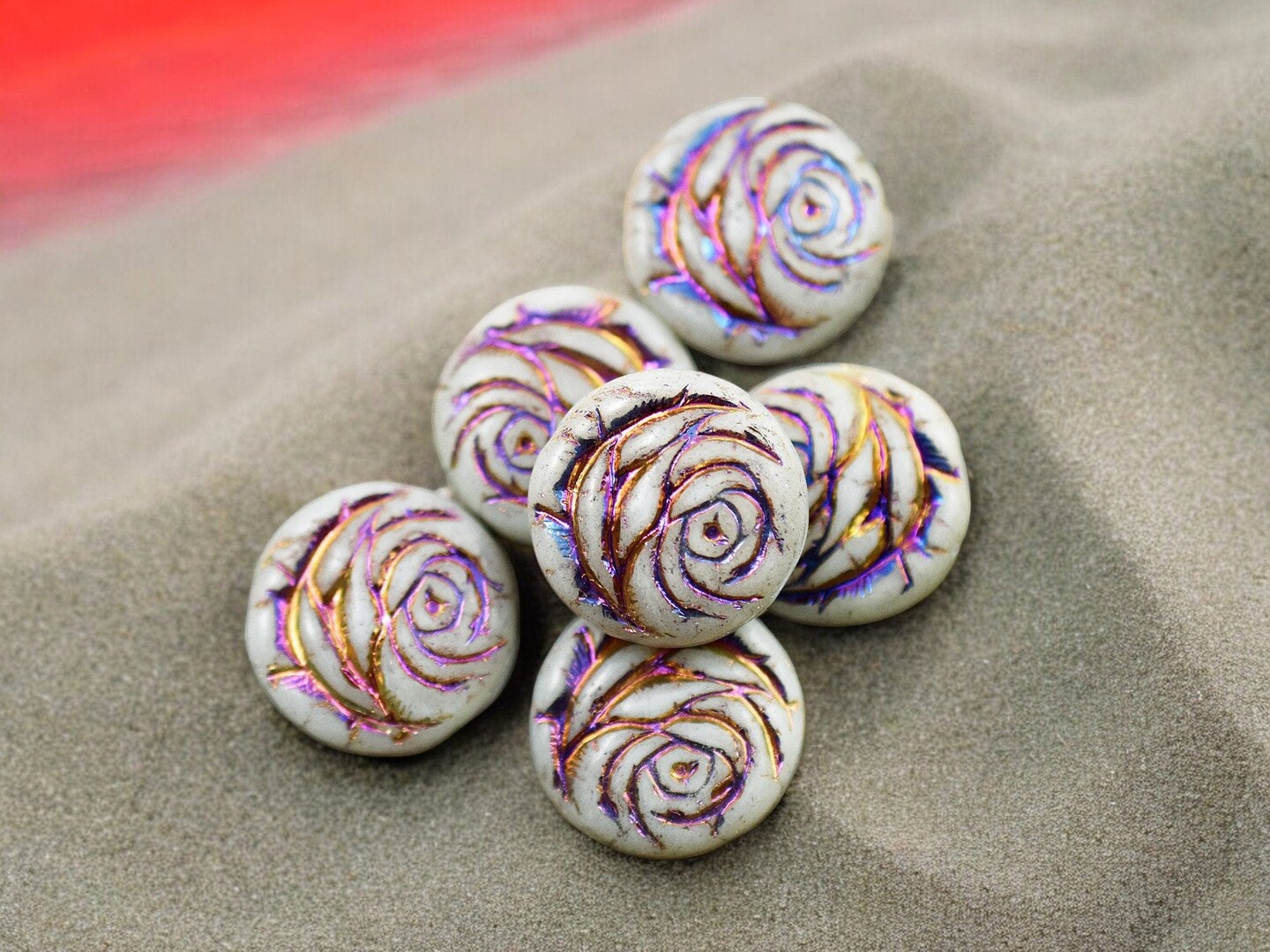 *6* 17mm Metallic Rainbow Washed Alabaster Rose Coin Beads