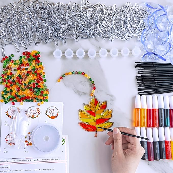 24 sets of fall leaf suncatchers, ornaments, and decorations DIY Window Paint Art Suncatcher Craft Kits Autumn Maple Leaf Suncatchers for Kids&#x27; Classrooms Thanksgiving Harvest Party Art Project Activity.