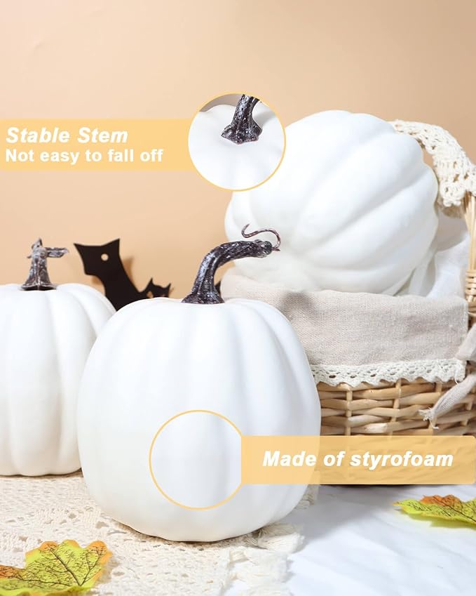 6&#x22; Large Pumpkins for Decorating - 4 PCS Big White Foam Decorative Artificial Pumpkins for Fall Decor, Paintable, Ideal for Halloween and Thanksgiving Table Decor.