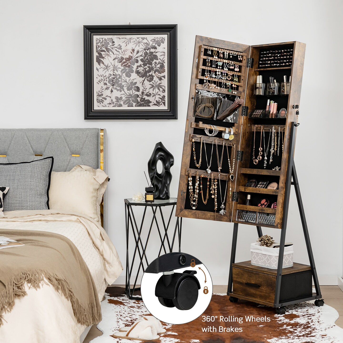 Costway Jewelry Cabinet Armoire Full Length Mirror Lockable with Bottom Drawer & Wheels White/Coffee/Black