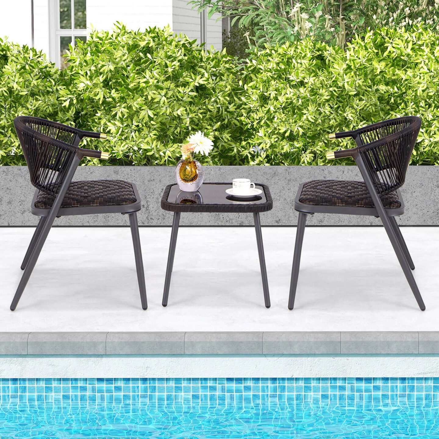 Costway 3 PCS Patio Rattan Furniture Set with Tempered Glass Tabletop Wicker Seat