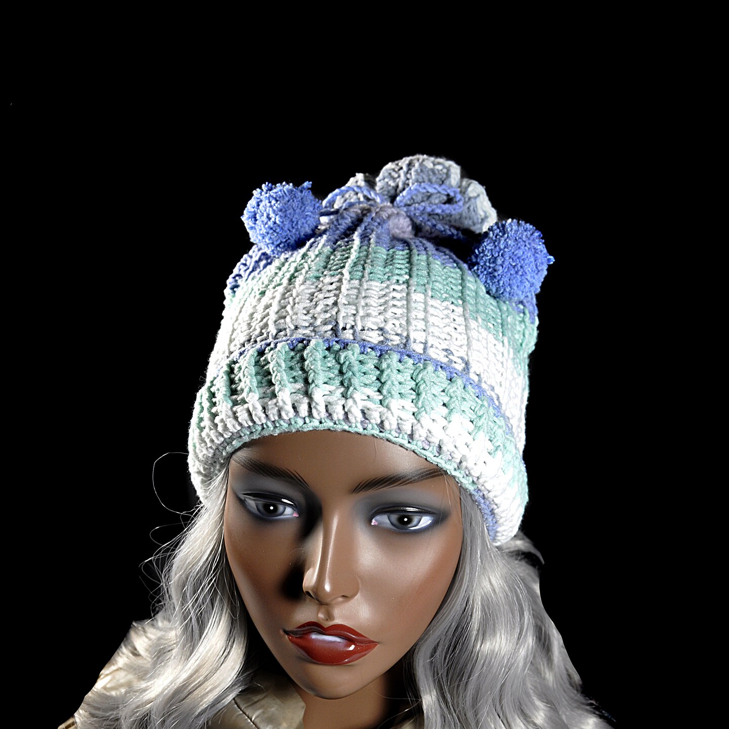 Crochet Winter Hat with Pom Poms, Handmade Multicolor Womens  display picture 2