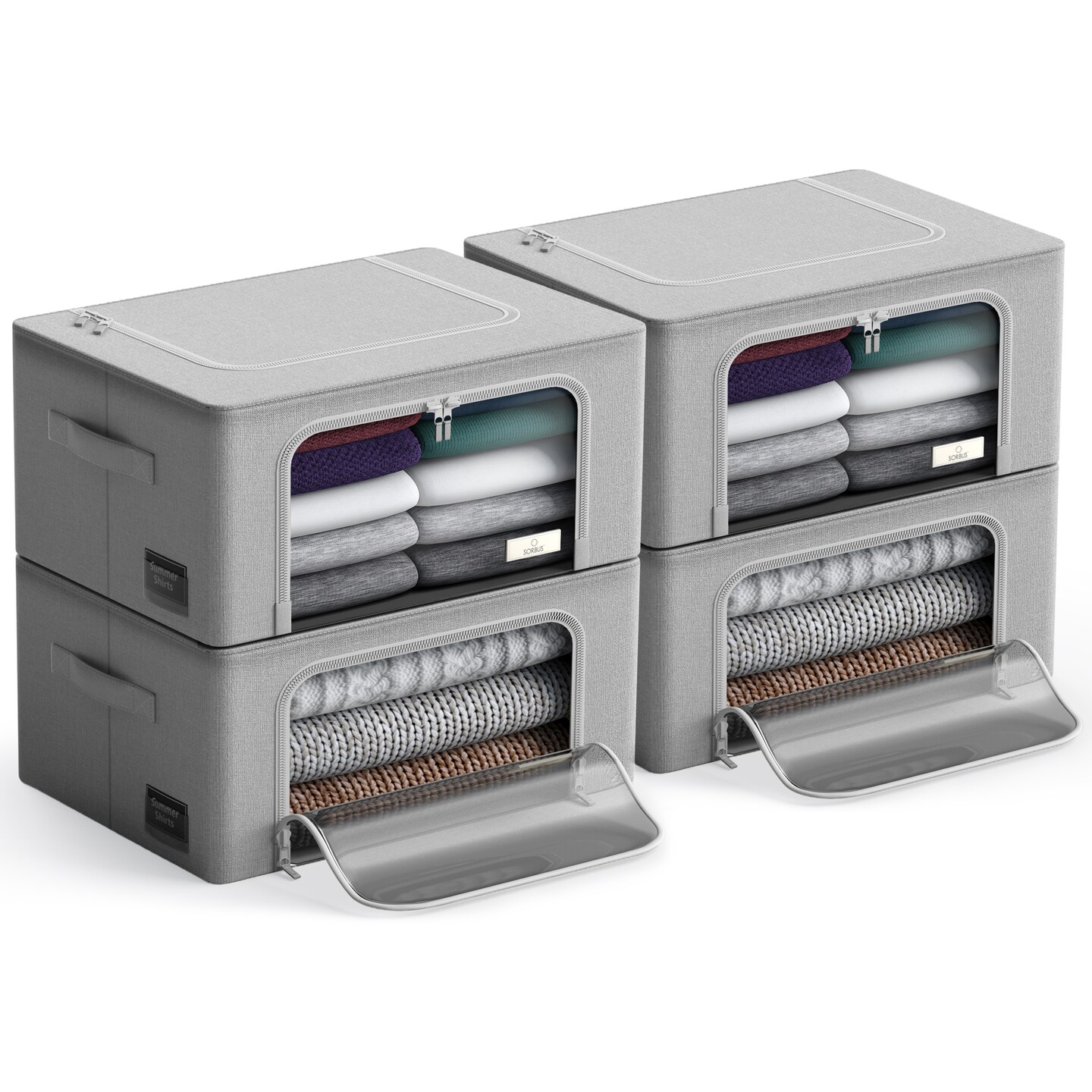 Sorbus 4 Pack Clothing Storage Bins with Windows, Handles, and Metal Frame