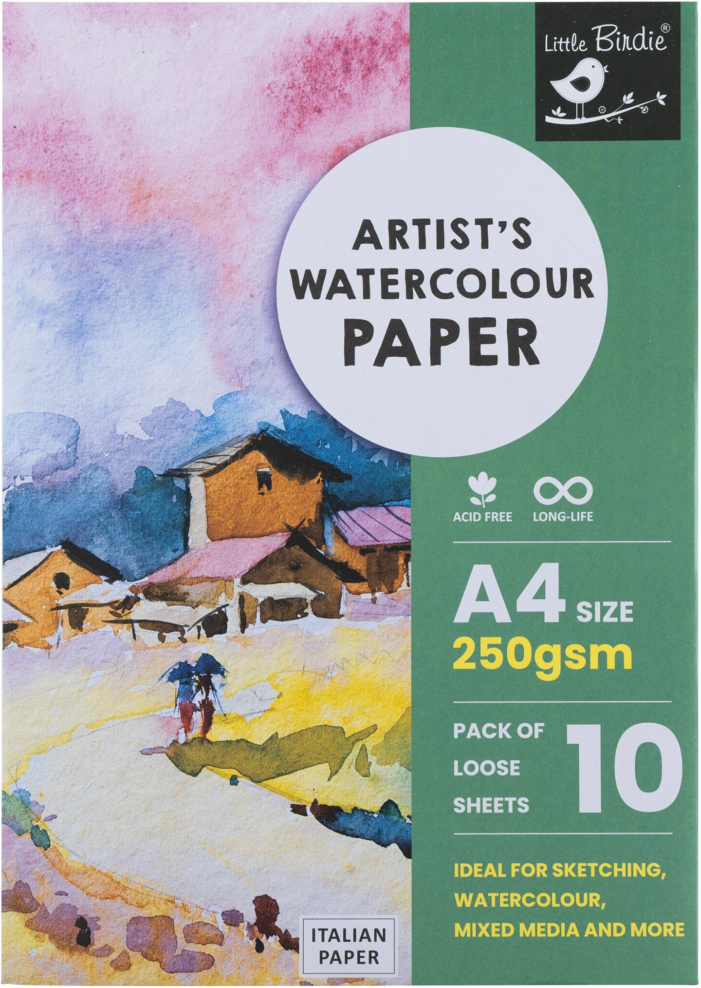 Little Birdie Artist&#x27;s Watercolour A4 Paper 250gsm-10 Sheets