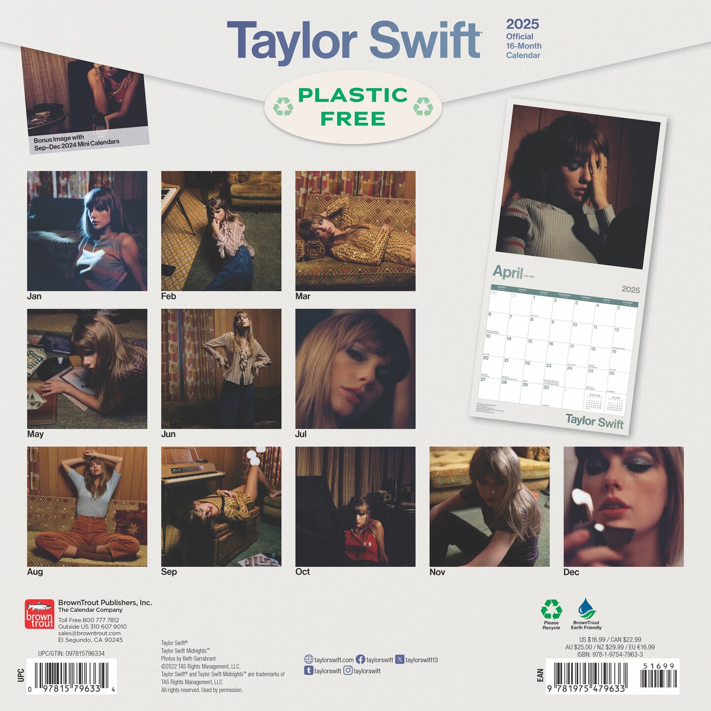 Taylor Swift OFFICIAL | 2025 12 x 24 Inch Monthly Square Wall Calendar | Plastic-Free | BrownTrout | Music Pop Singer Songwriter Celebrity